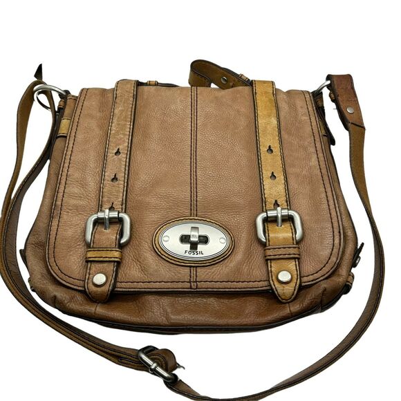 Fossil Handbags - Fossil ZB4501 Womens Caramel Maddox Organizer Flap Turn Lock Satchel Handbag
